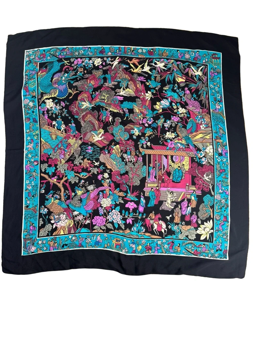 Vintage Hand Rolled Silk Chinoiserie Style Luxury Square Scarf Asian Motif